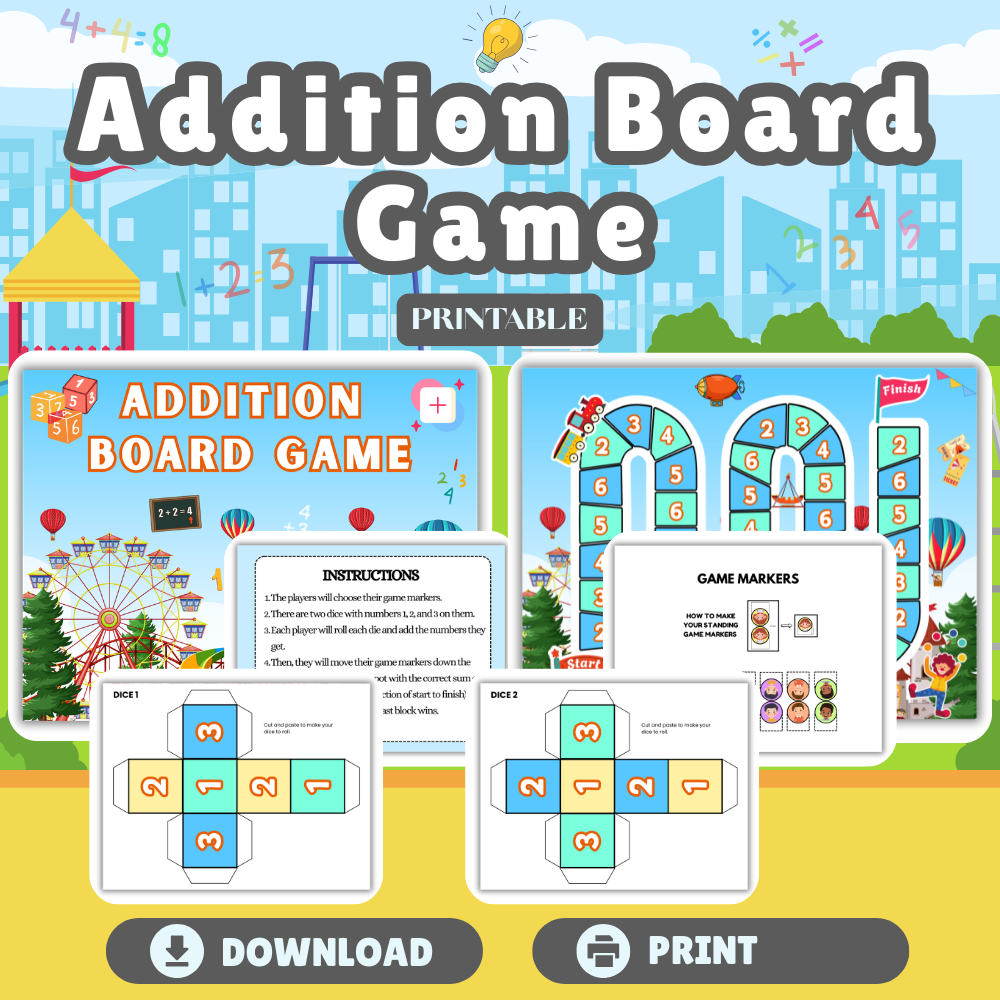 Fun Addition Board Game Printable for Kids | Preschool & Kindergarten | Homeschool Printable Activity