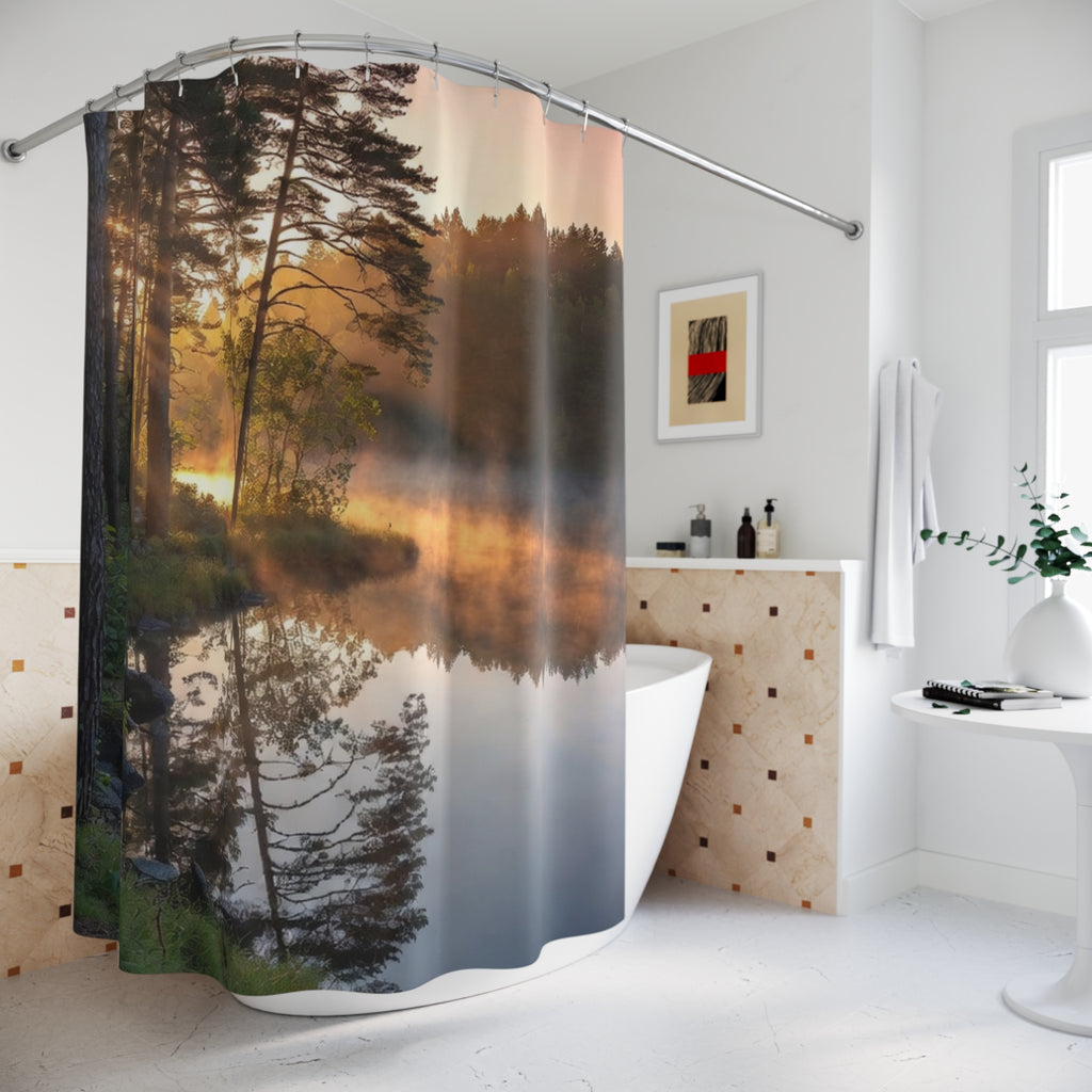 Misty Forest Sunrise Shower Curtain | Lake Reflection, Woodland Landscape