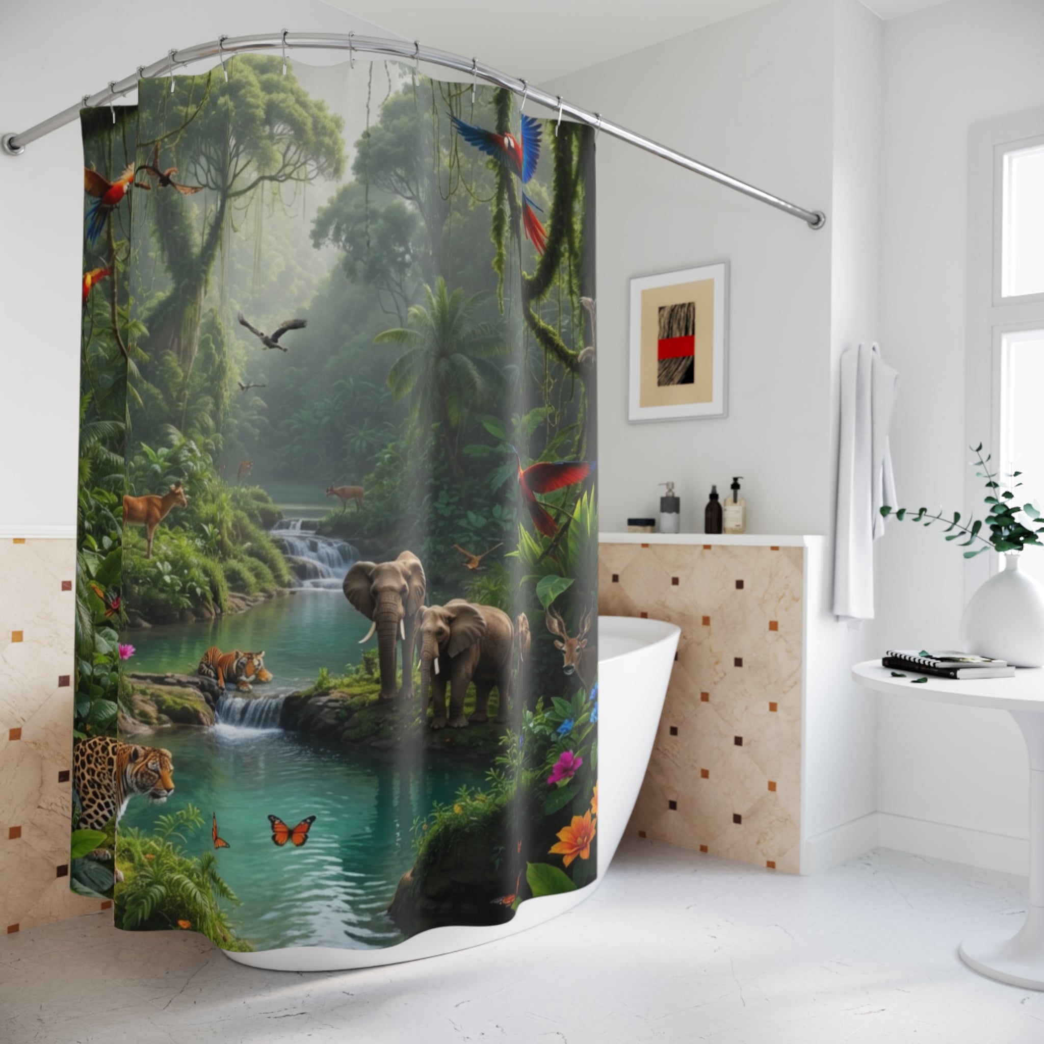 Jungle Wildlife Scene Shower Curtain | Tropical Rainforest Elephants Parrots