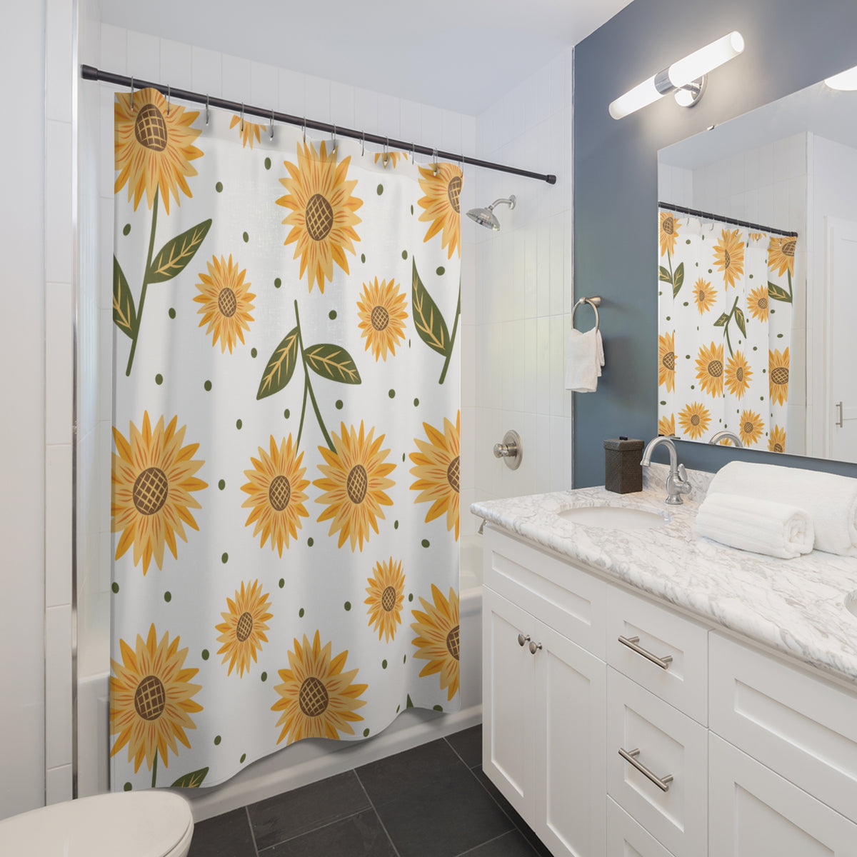 Sunflower Pattern Shower Curtain | Yellow Floral Sunflower Dots