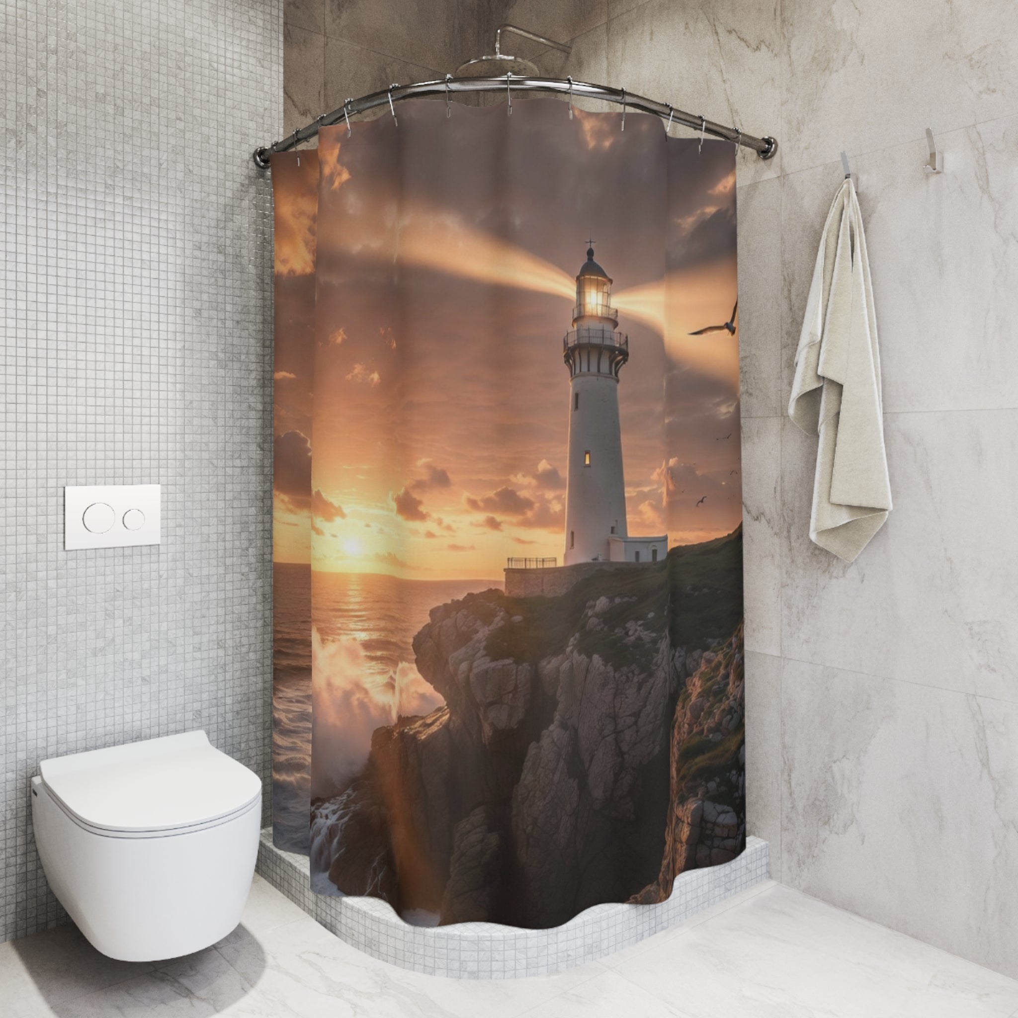 Lighthouse Sunset Shower Curtain | Coastal Ocean Waves Nautical