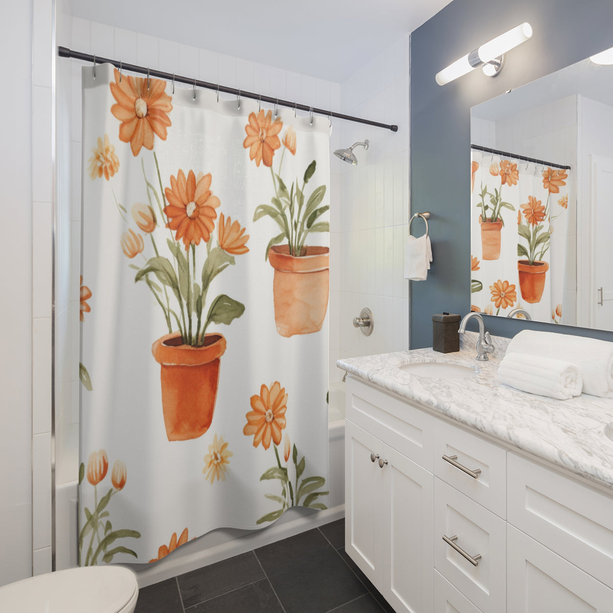 Orange Potted Daisies Shower Curtain | Botanical Floral Bathroom Decor