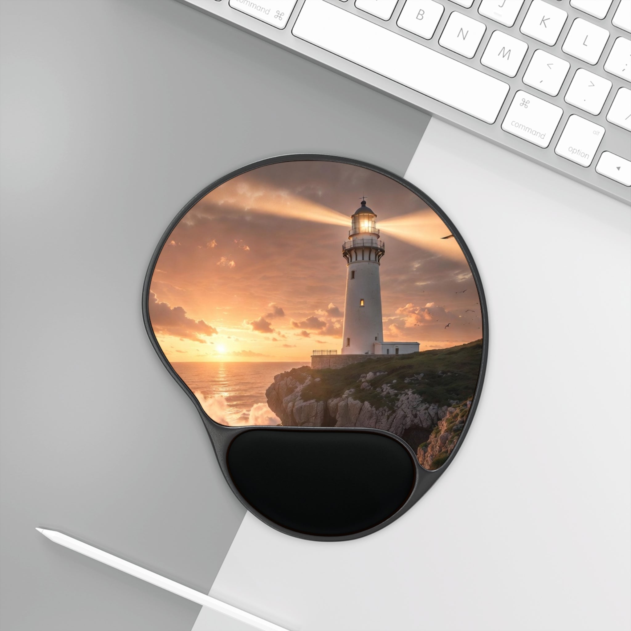 Lighthouse Sunset Mouse Pad with Wrist Rest | Coastal Ocean Desk Mat