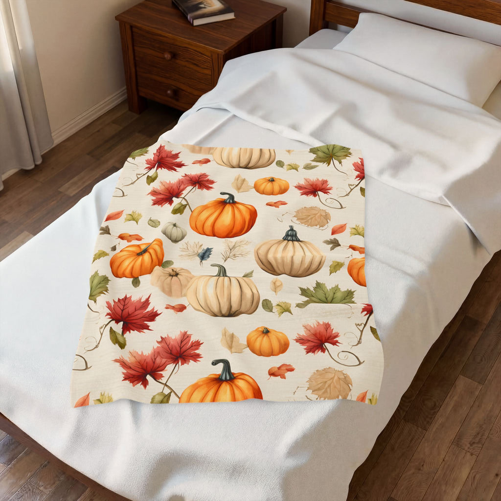 Autumn Pumpkins and Maple Leaves Velveteen Plush Blanket | Fall Harvest Throw