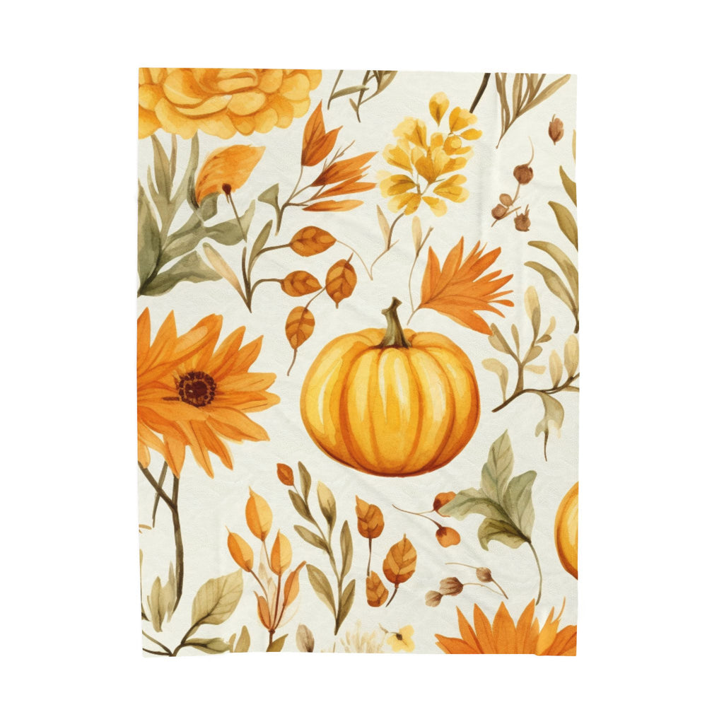 Autumn Pumpkin Floral Velveteen Plush Blanket | Fall Leaves Sunflowers