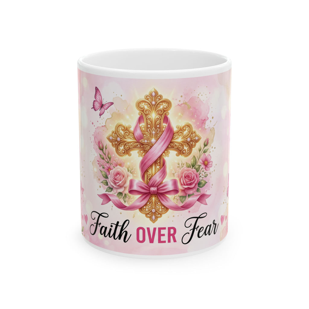 Faith Over Fear cross ribbon floral mug | Ceramic Coffee Mug