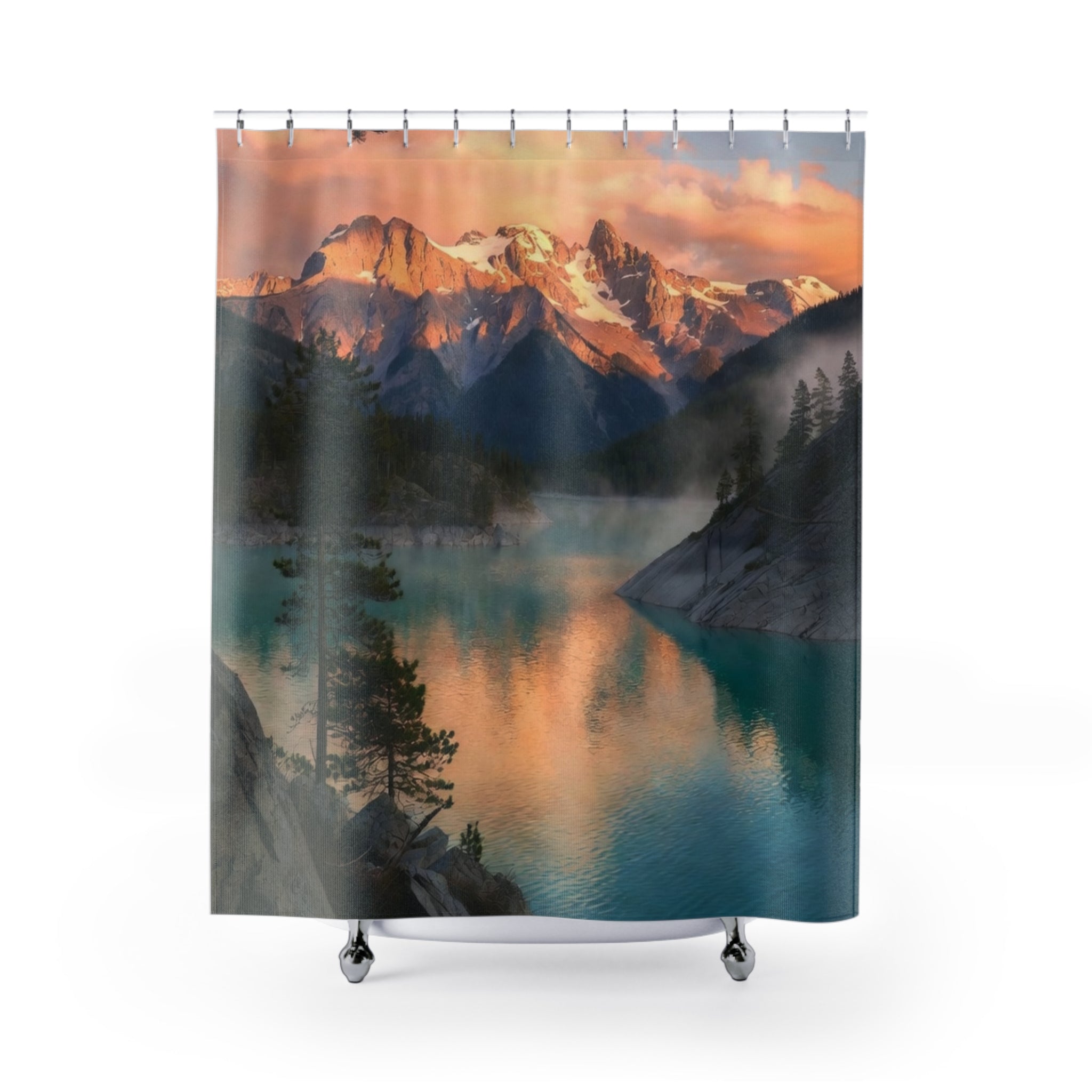 Sunset Mountain Lake Shower Curtain | Scenic Landscape, Forest Reflection