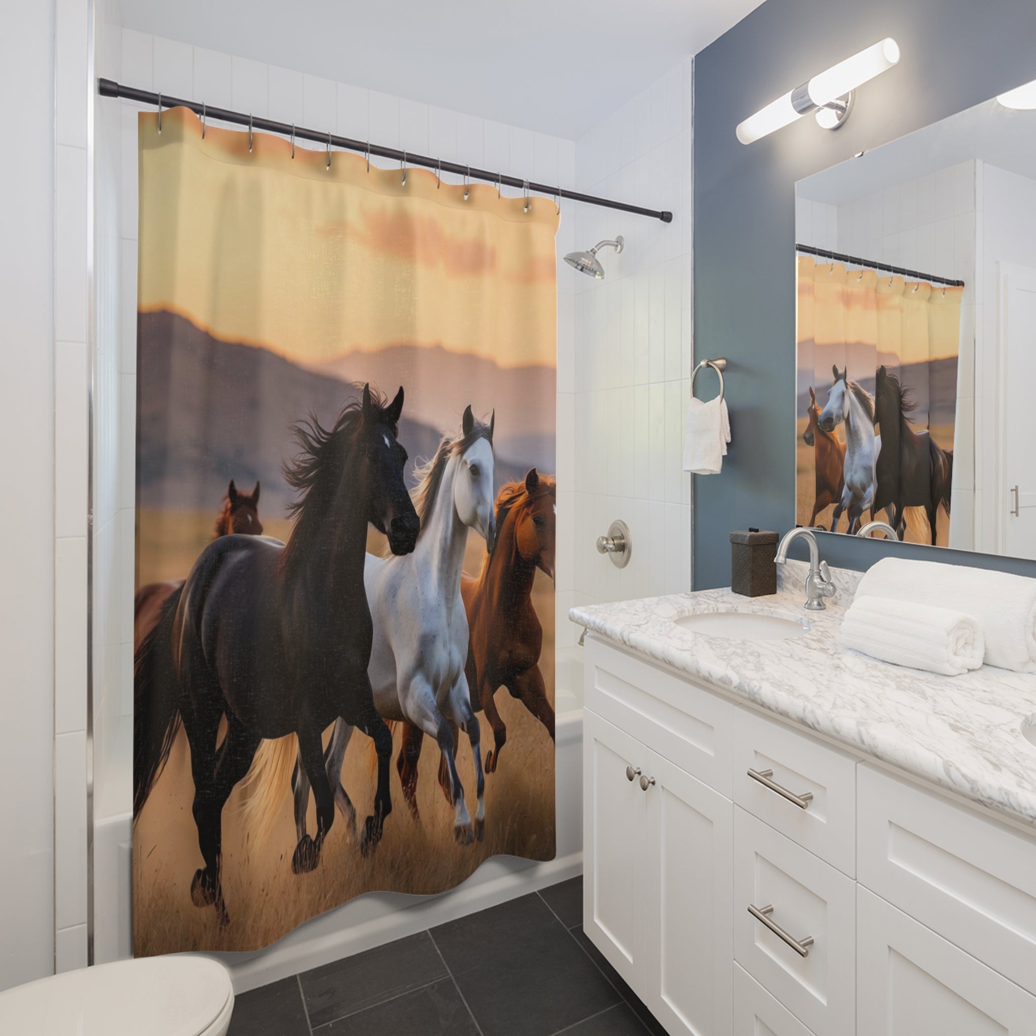 Wild Horses Running Shower Curtain | Sunset Stallions Bathroom Décor