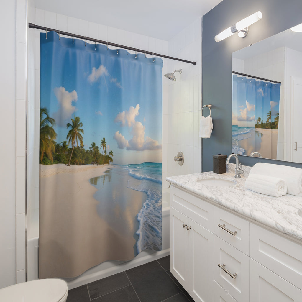 Tropical Beach Scene Shower Curtain | Palm Trees, Sandy Shore, Blue Sky