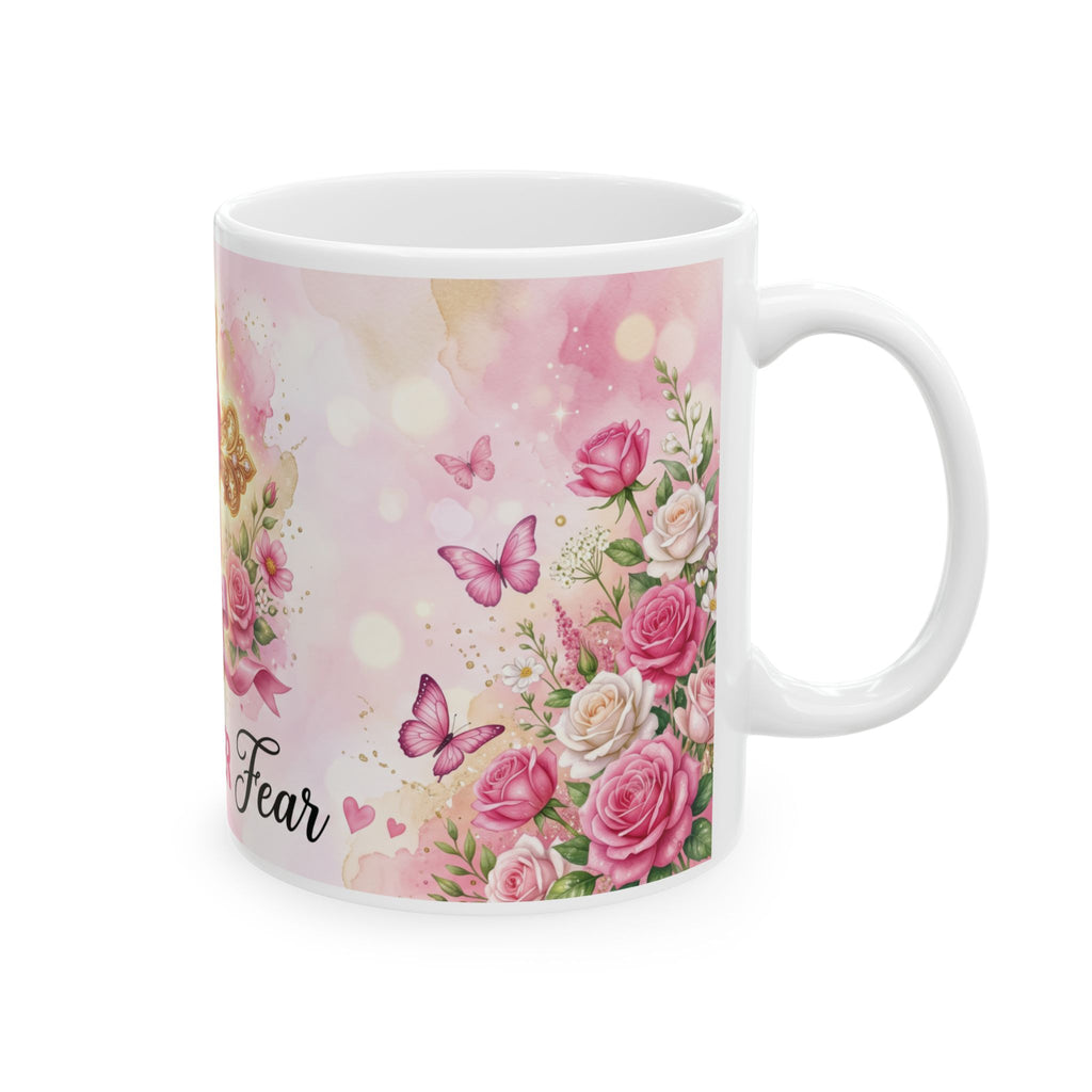 Faith Over Fear cross ribbon floral mug | Ceramic Coffee Mug