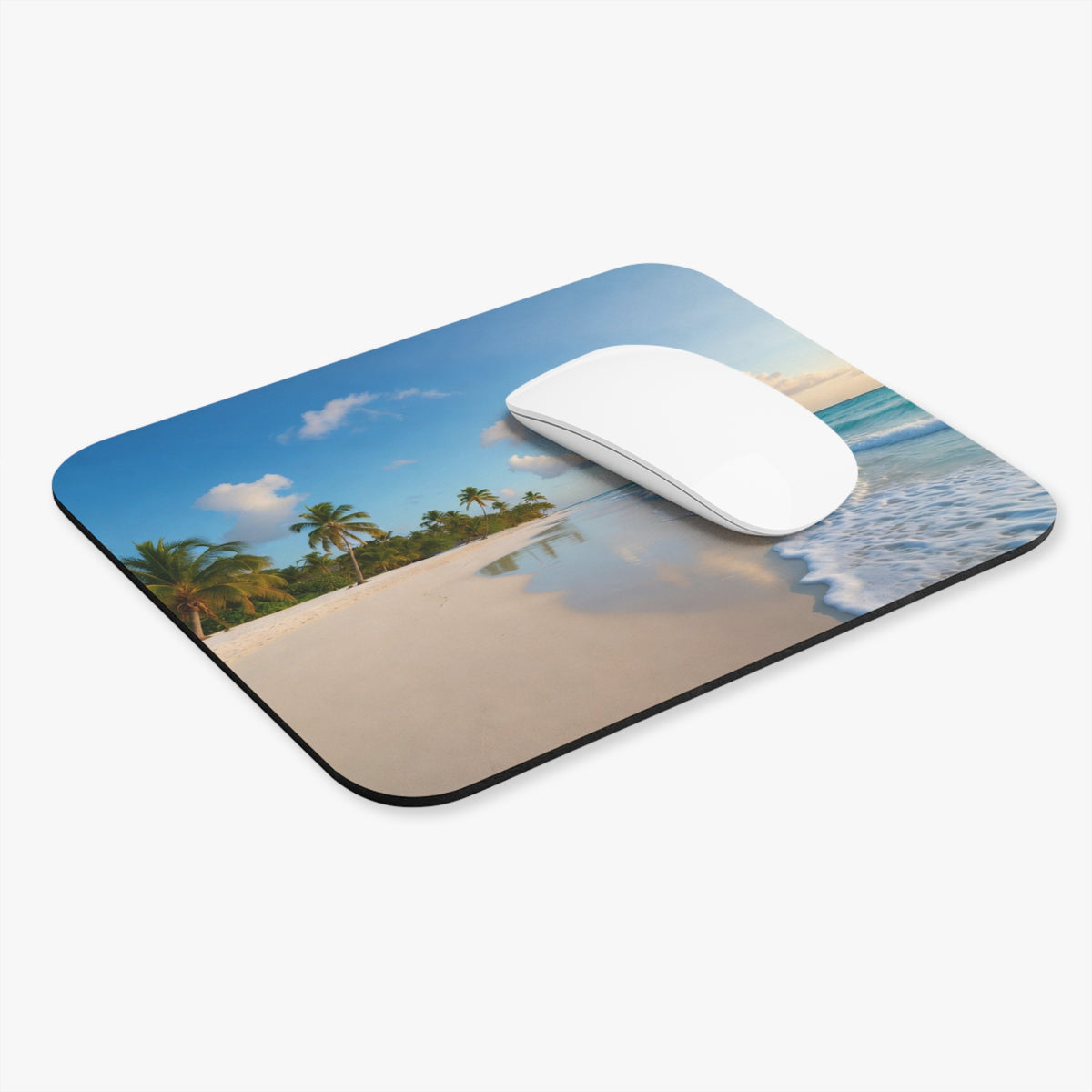 Tropical Beach Scene Mouse Pad | Palm Trees, Ocean Waves, Sandy Shore
