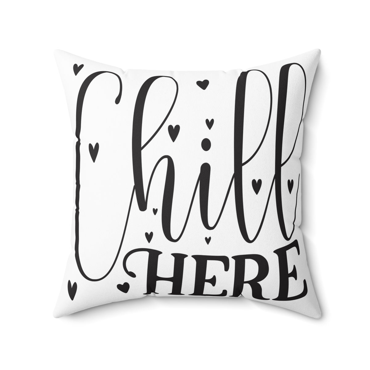 Chill Here pillow | Script typography, black hearts, decorative throw pillow