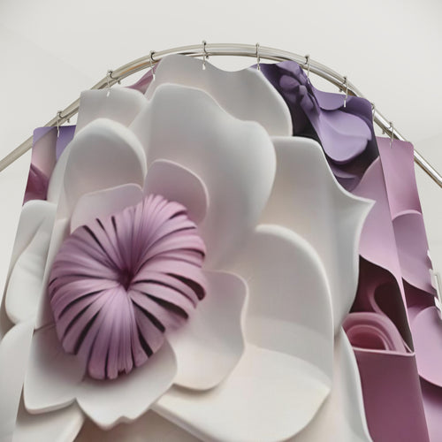 3D Paper Flowers Shower Curtain | Pink White Floral Bathroom Decor