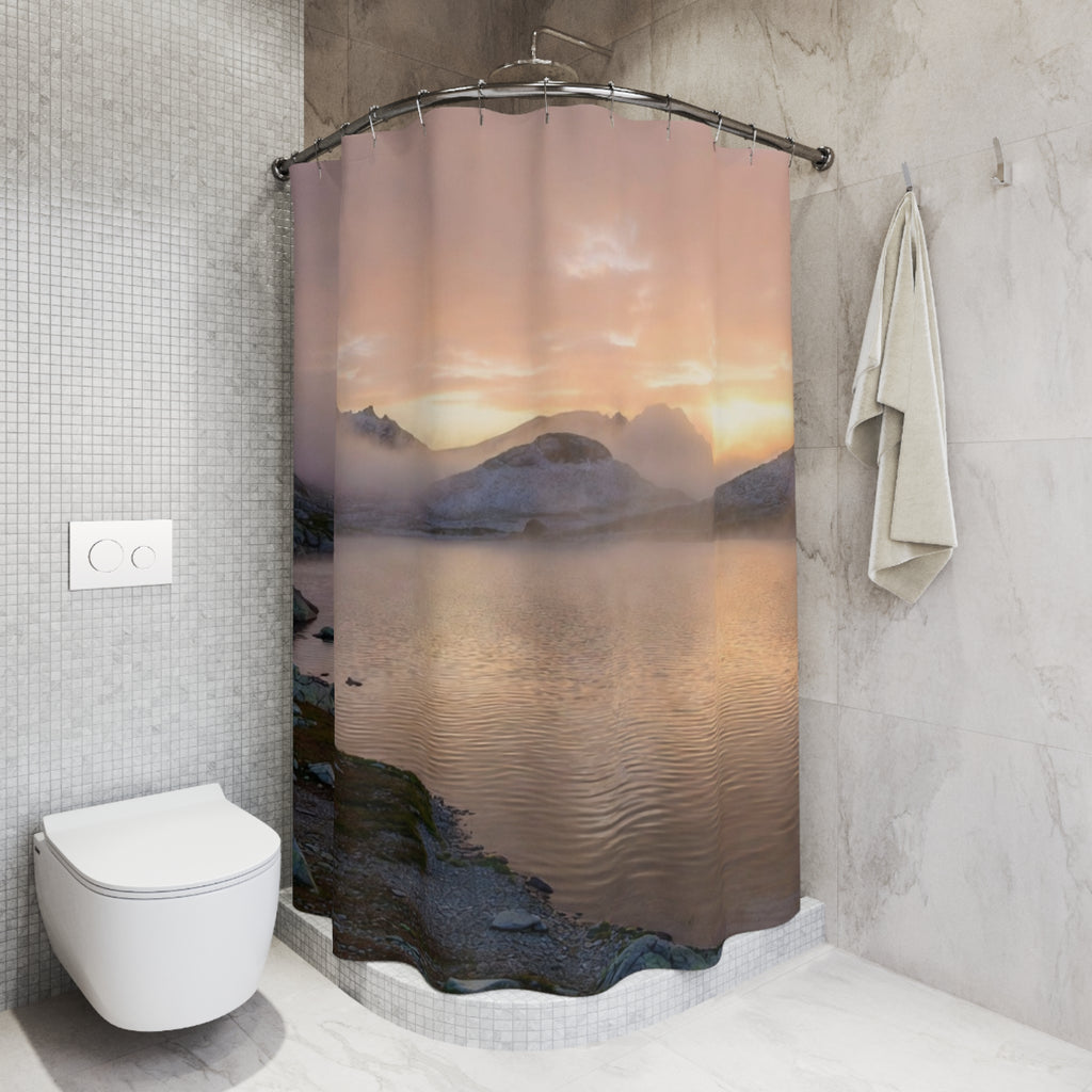 Sunset Mountain Lake Shower Curtain | Misty Landscape Bathroom Decor
