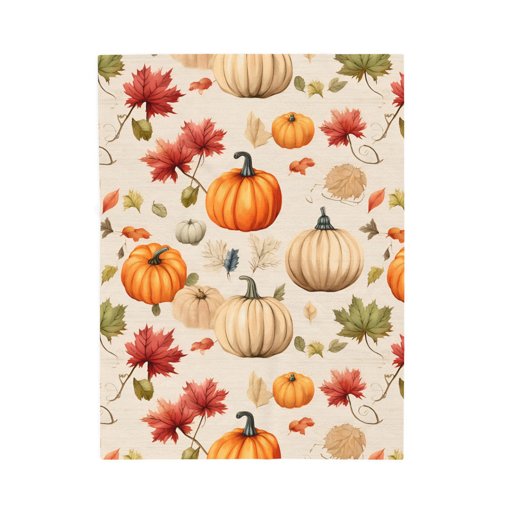 Autumn Pumpkins and Maple Leaves Velveteen Plush Blanket | Fall Harvest Throw