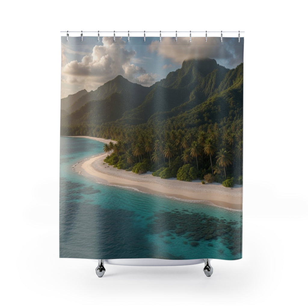 Tropical Island Beach Shower Curtain | Mountain Coast Scenic Ocean