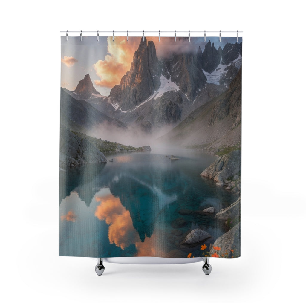 Misty Mountain Lake Shower Curtain | Scenic Alpine Landscape