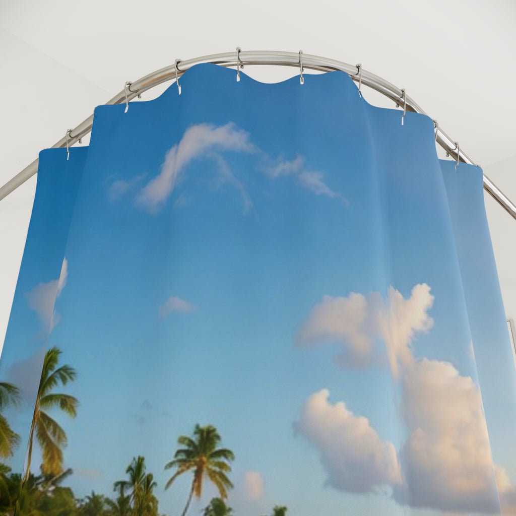Tropical Beach Scene Shower Curtain | Palm Trees, Sandy Shore, Blue Sky