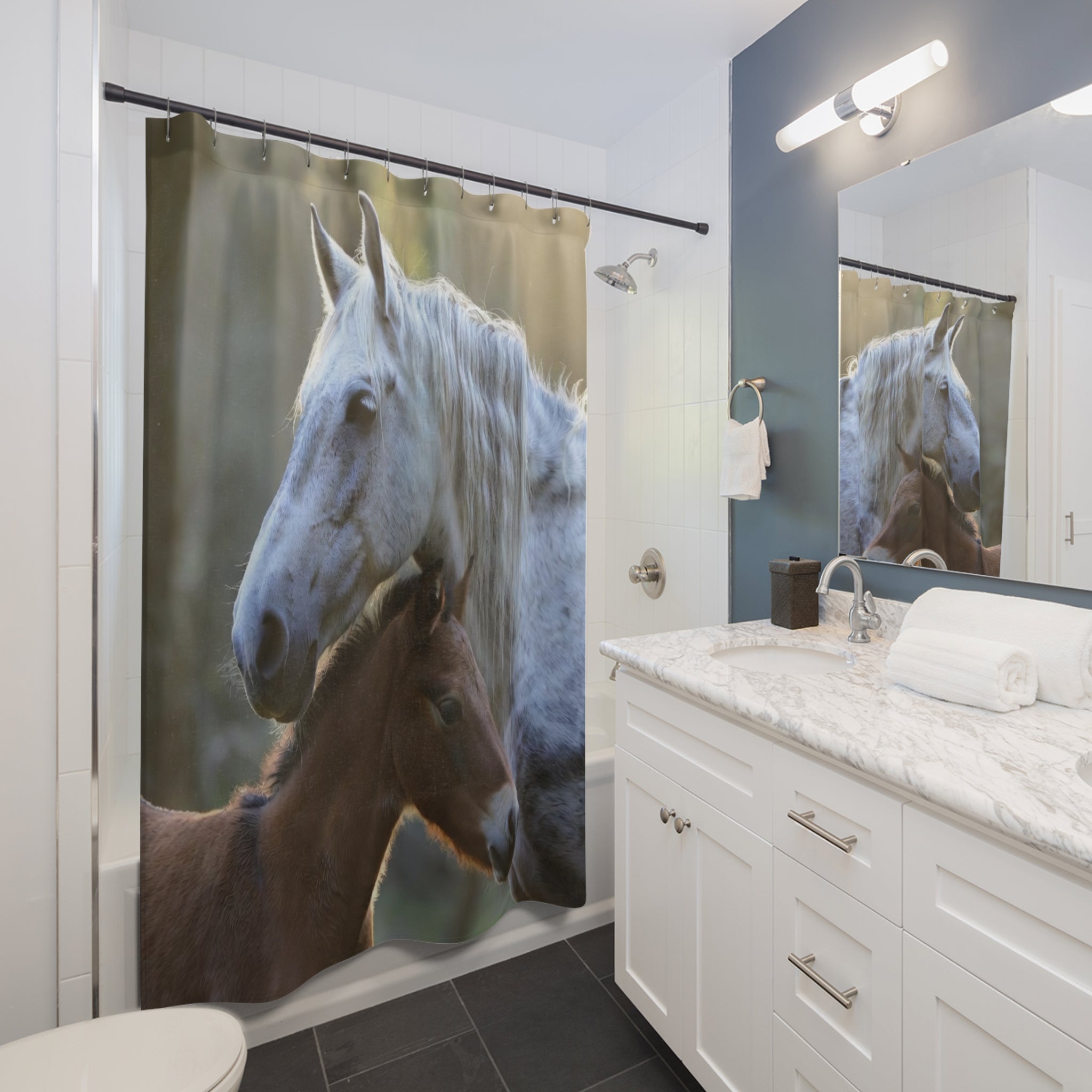 Grey Mare and Foal Shower Curtain | Horse Photography, Rustic Barn Décor