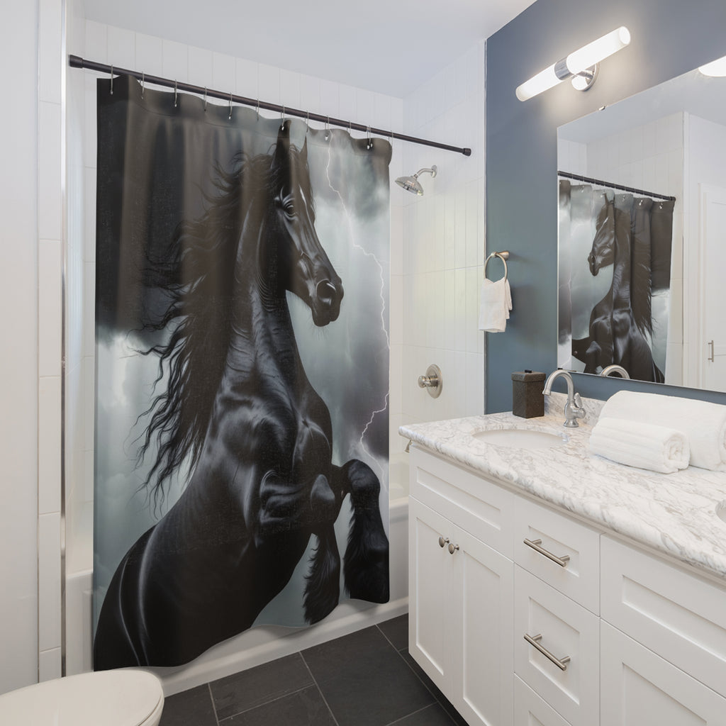 Rearing Black Horse Shower Curtain | Storm Lightning Bathroom Decor