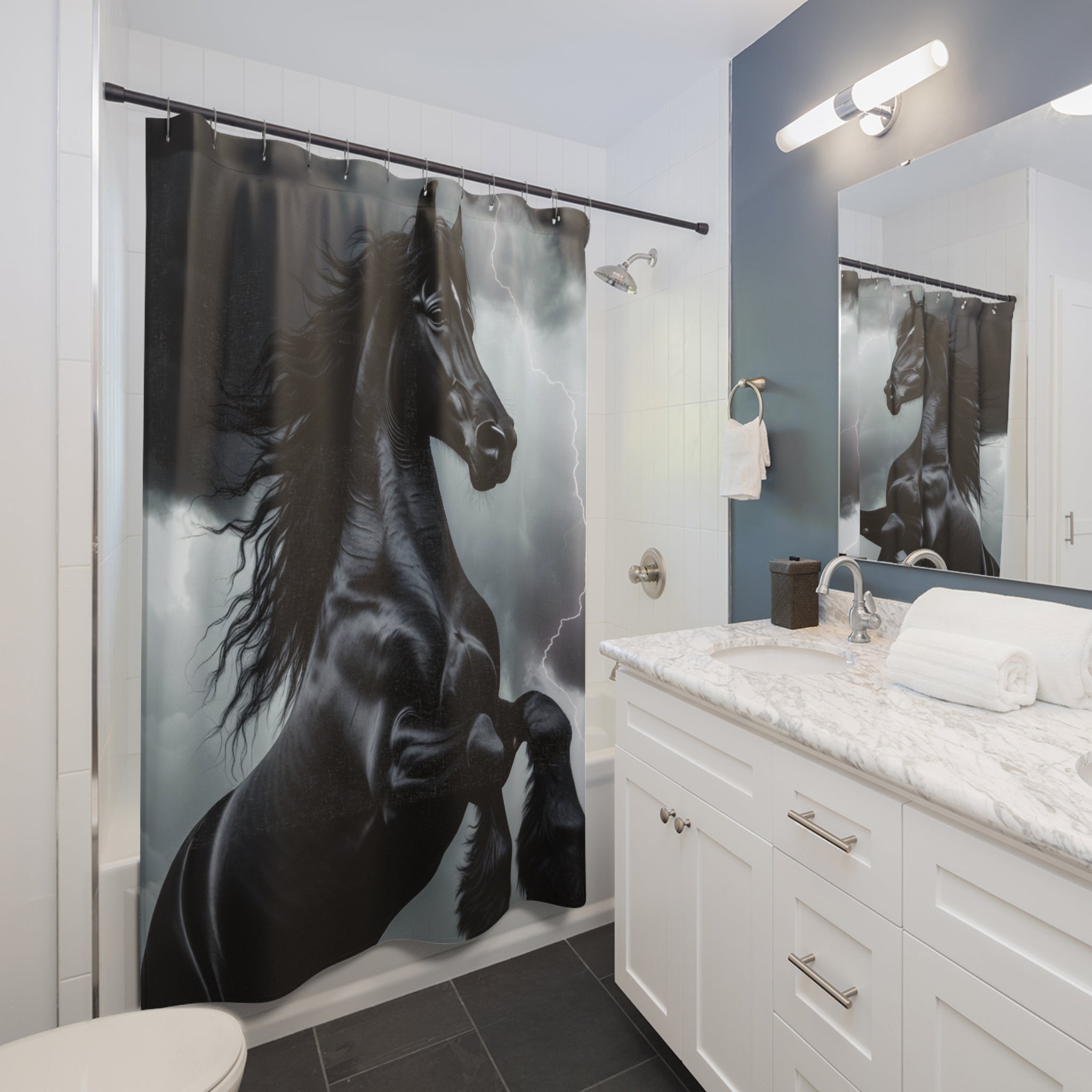 Rearing Black Horse Shower Curtain | Storm Lightning Bathroom Decor