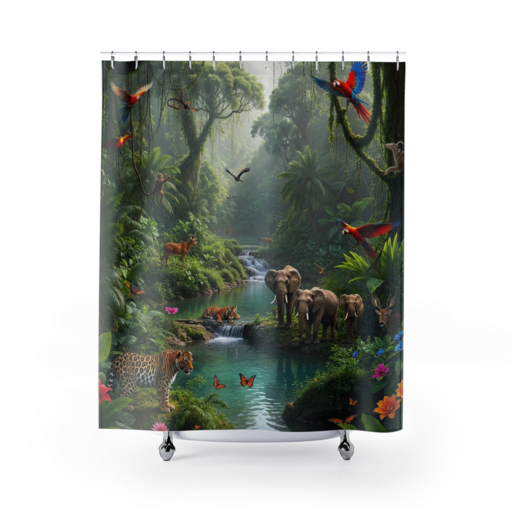 Jungle Wildlife Scene Shower Curtain | Tropical Rainforest Elephants Parrots