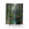 Jungle Wildlife Scene Shower Curtain | Tropical Rainforest Elephants Parrots