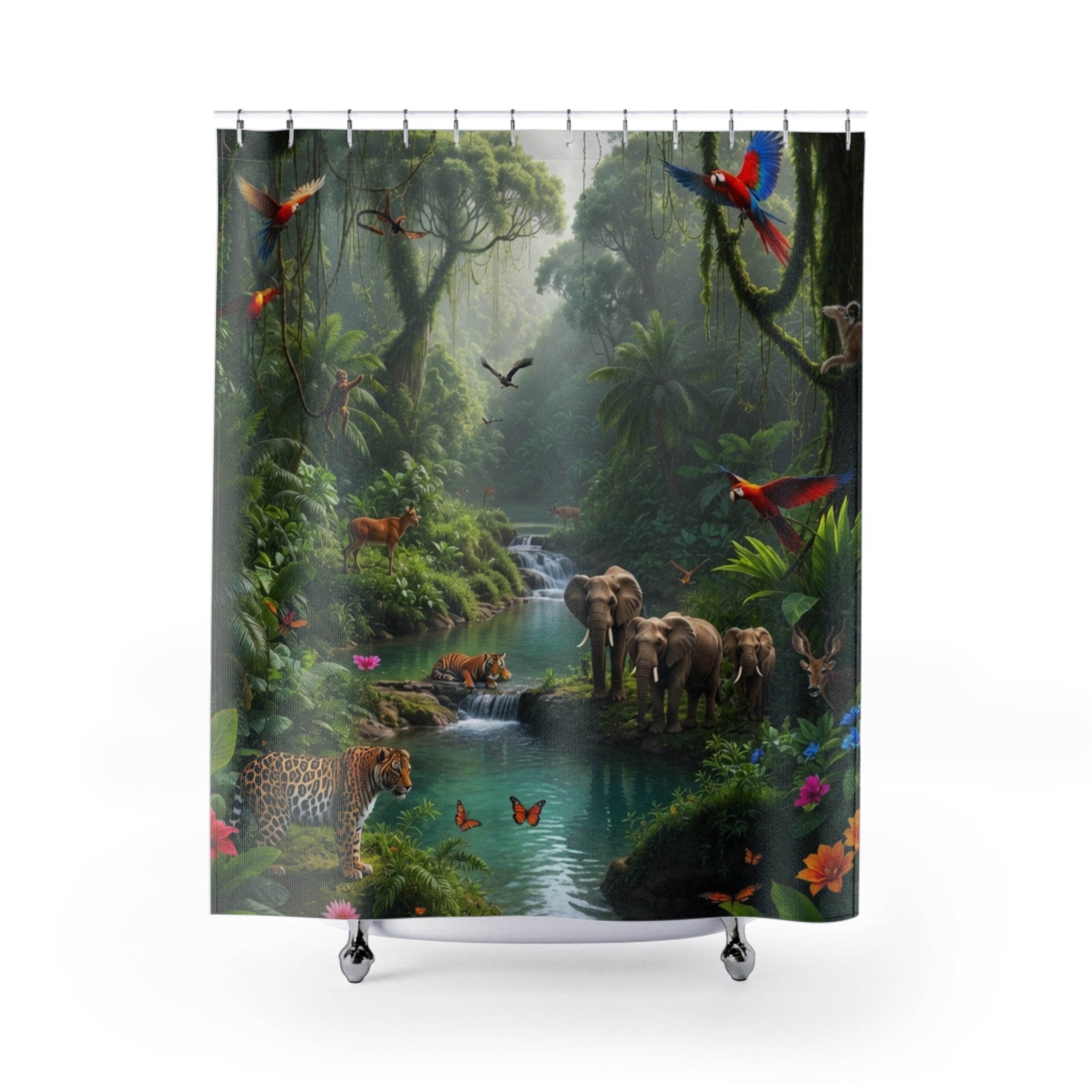 Jungle Wildlife Scene Shower Curtain | Tropical Rainforest Elephants Parrots