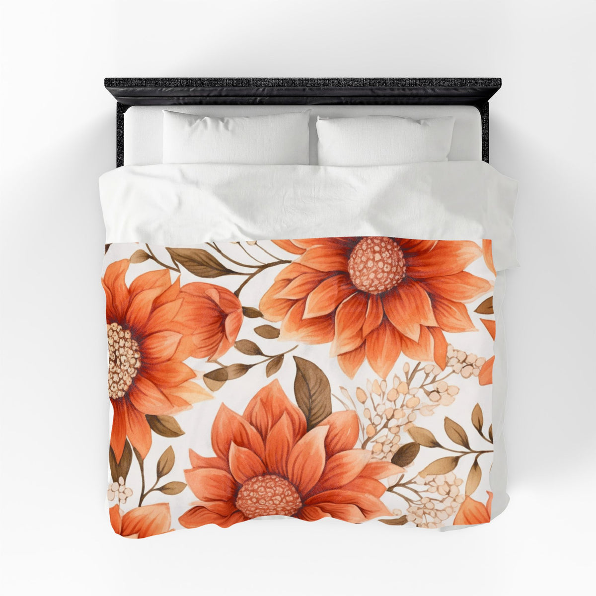 Orange Sunflower Pattern Velveteen Plush Blanket | Floral Fall Throw