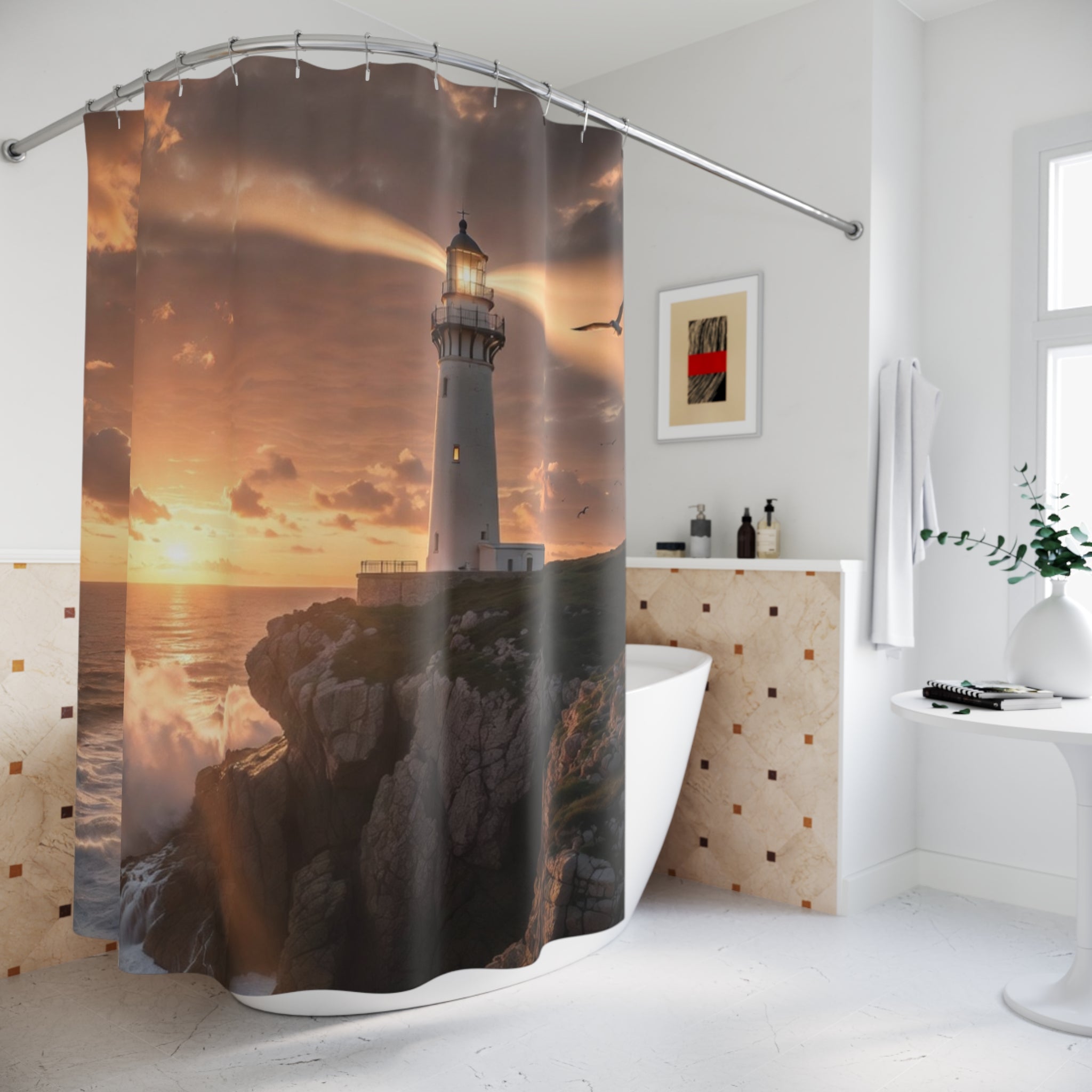 Lighthouse Sunset Shower Curtain | Coastal Ocean Waves Nautical
