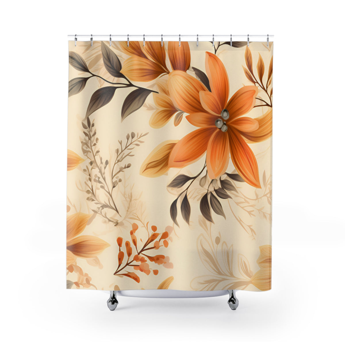 Orange Floral Pattern Shower Curtain | Botanical Bathroom Decor