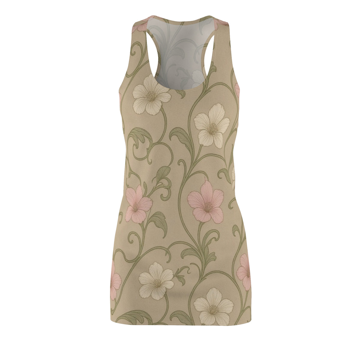 Vintage Floral Vine Racerback Dress | Beige Pink Flower Pattern