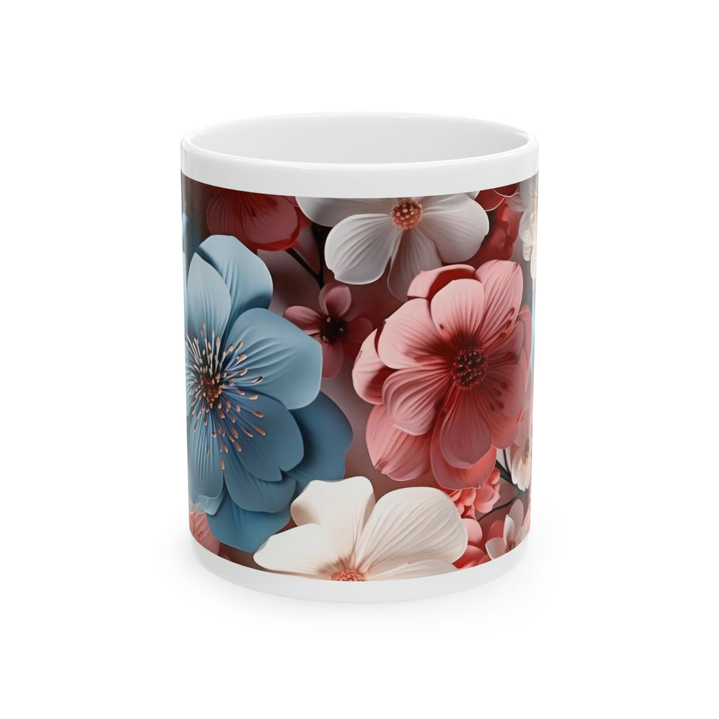 Floral Ceramic Mug – Blue & Coral 3D Blossom Coffee Cup (11oz/15oz)