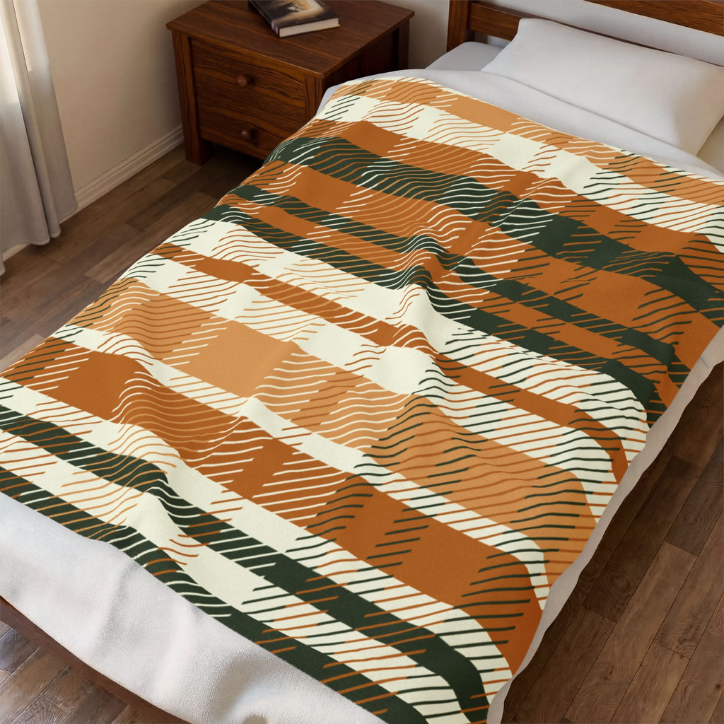 Autumn Plaid Velveteen Plush Blanket | Orange Green Buffalo Check
