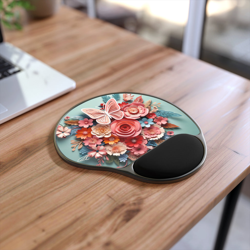 Pink Floral Bouquet Butterfly Mouse Pad with Wrist Rest | Floral Computer Accessory