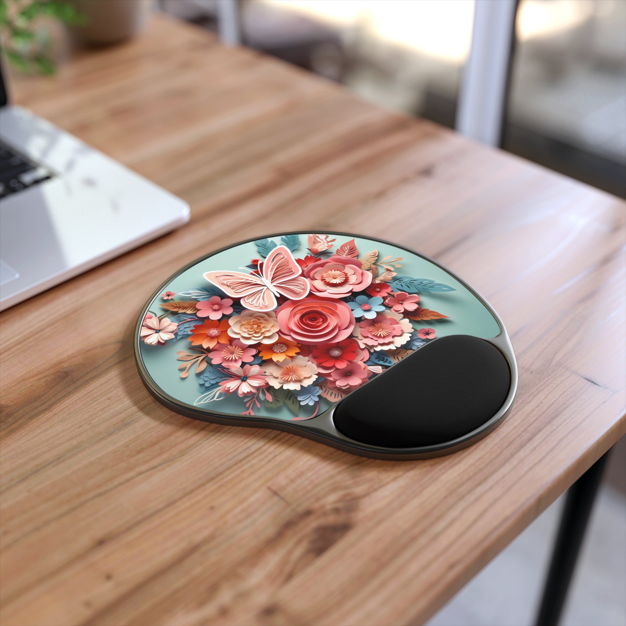 Pink Floral Bouquet Butterfly Mouse Pad with Wrist Rest | Floral Computer Accessory