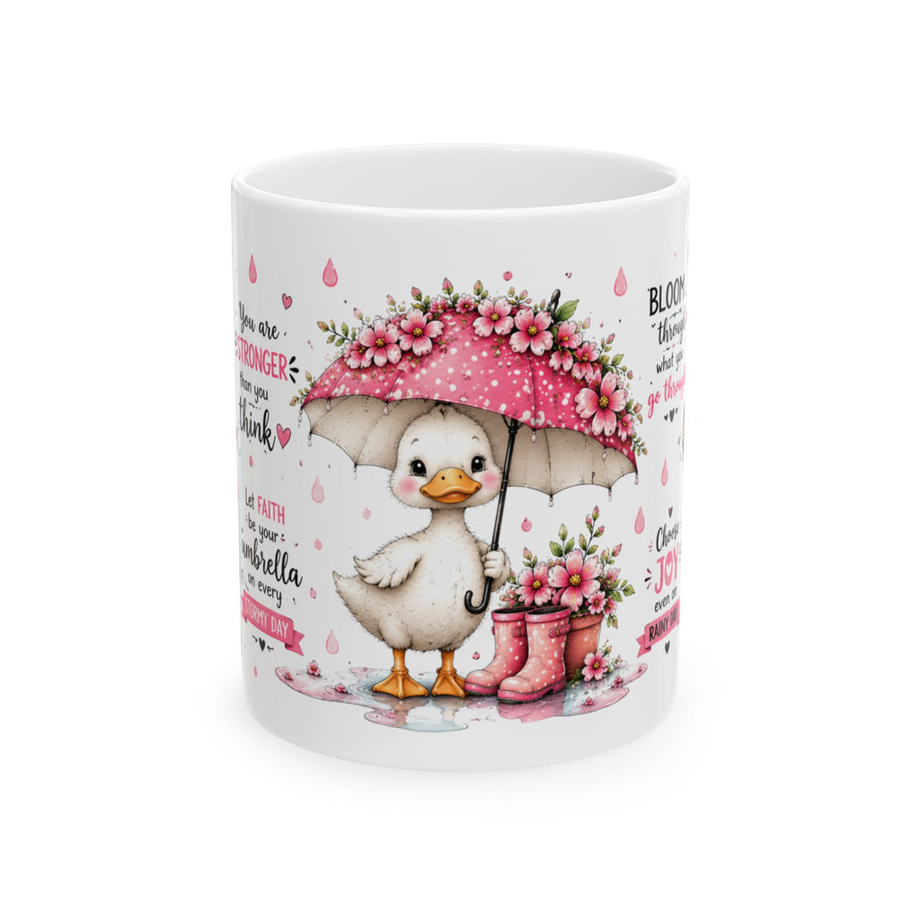 Cute Duck with Pink Umbrella Mug | Floral Rain Boots, Pastel Spring Design
