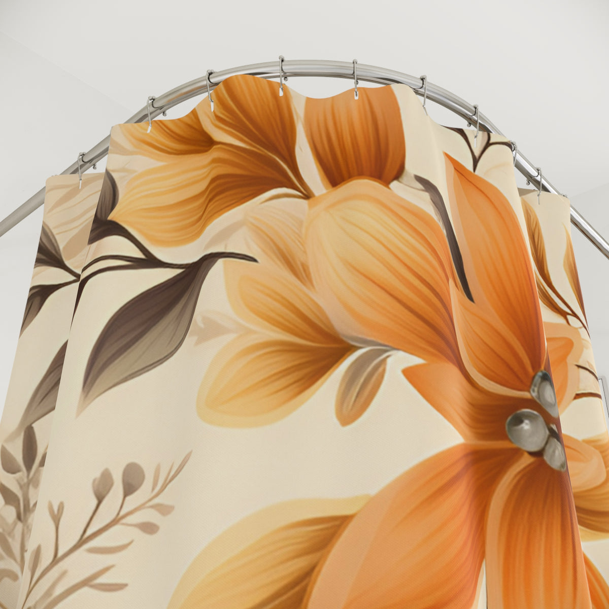 Orange Floral Pattern Shower Curtain | Botanical Bathroom Decor