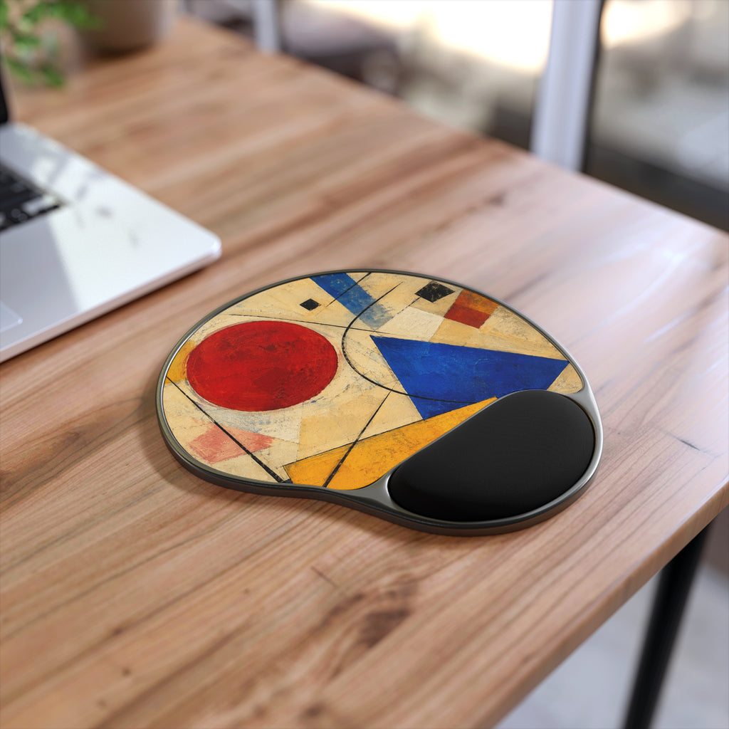 Abstract Geometric Art Mouse Pad with Wrist Rest | Modern Red Circle Blue Triangle