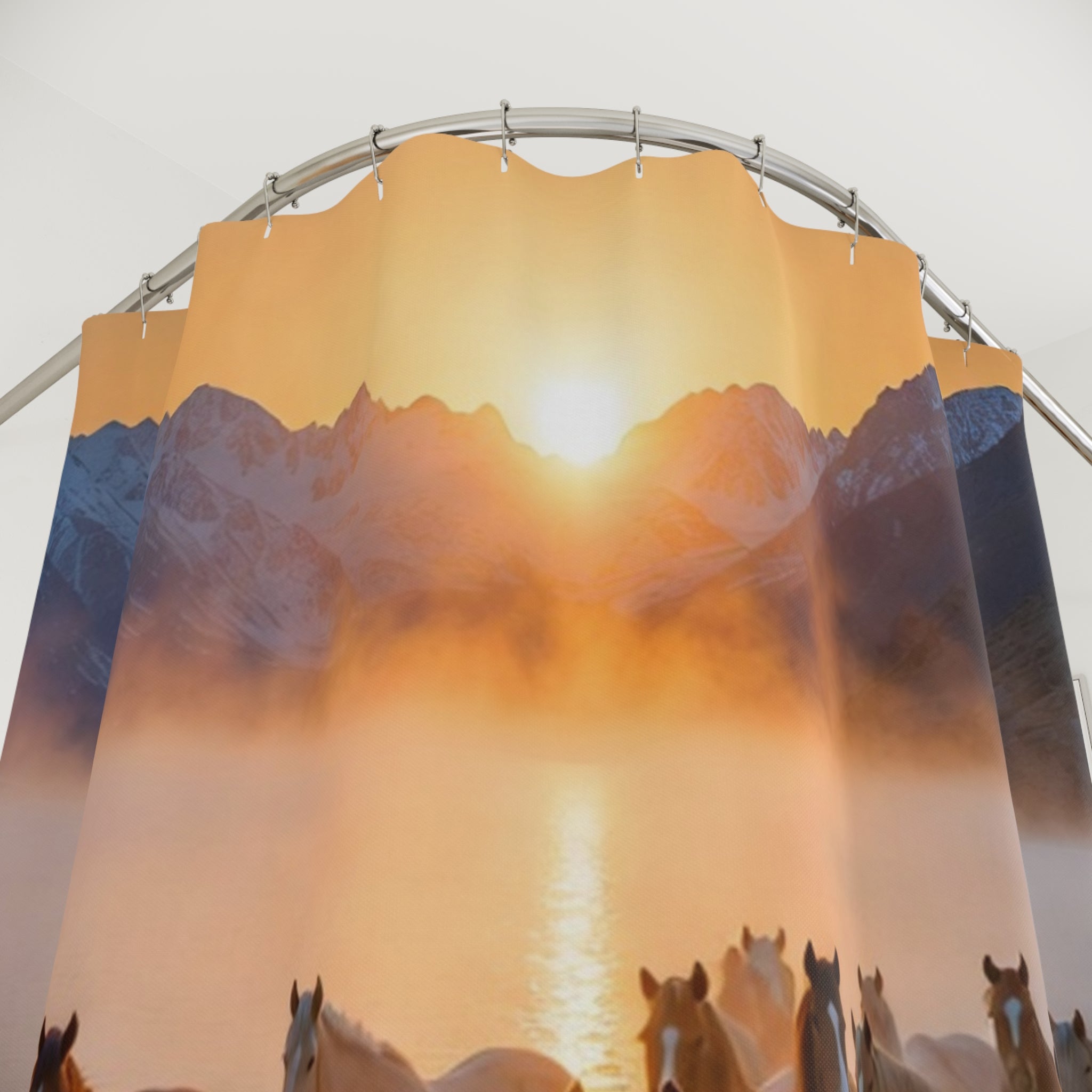 Wild Horses at Sunrise Shower Curtain | Mountain Mist, Lake Scene