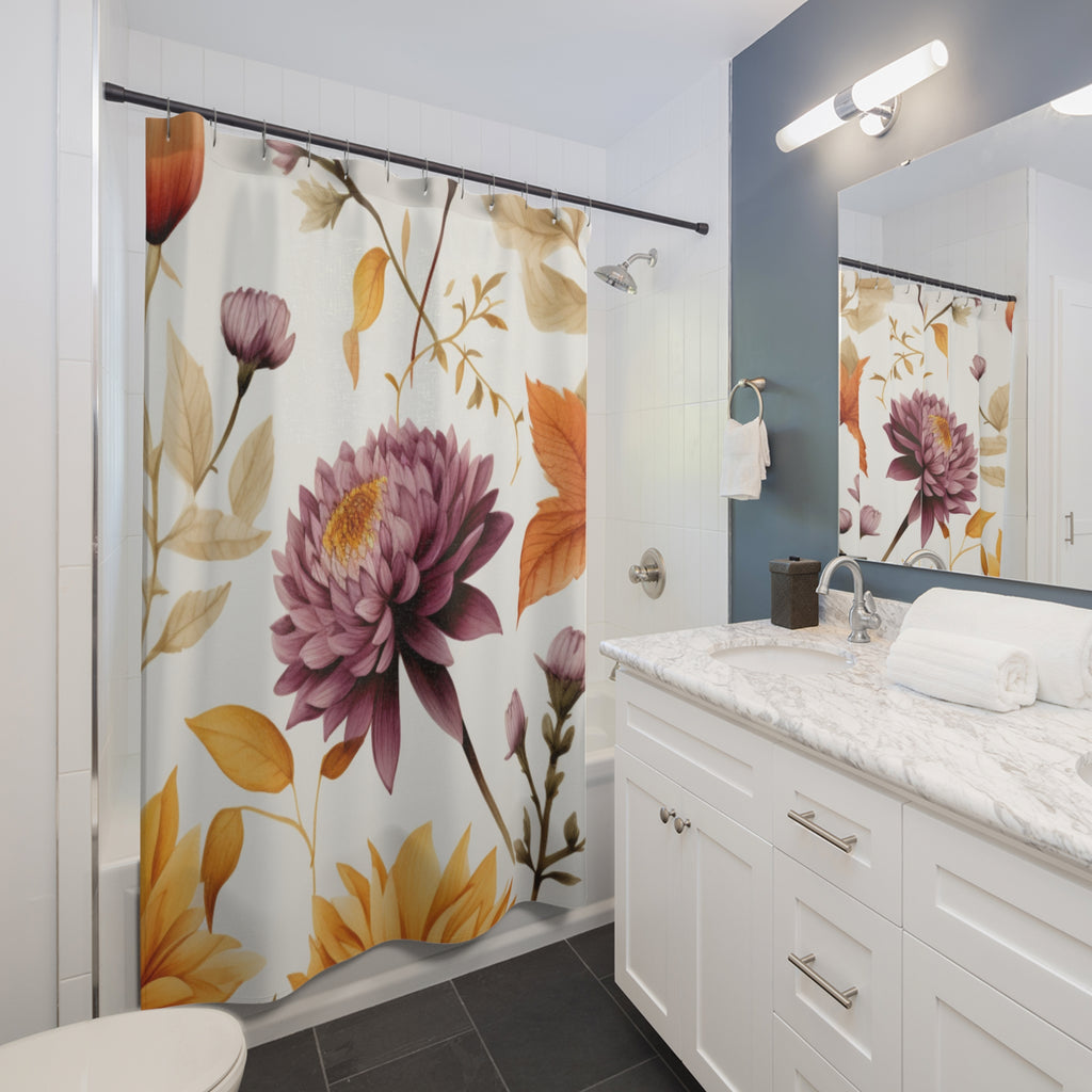 Autumn Floral Chrysanthemum Shower Curtain | Fall Botanical Bathroom Decor