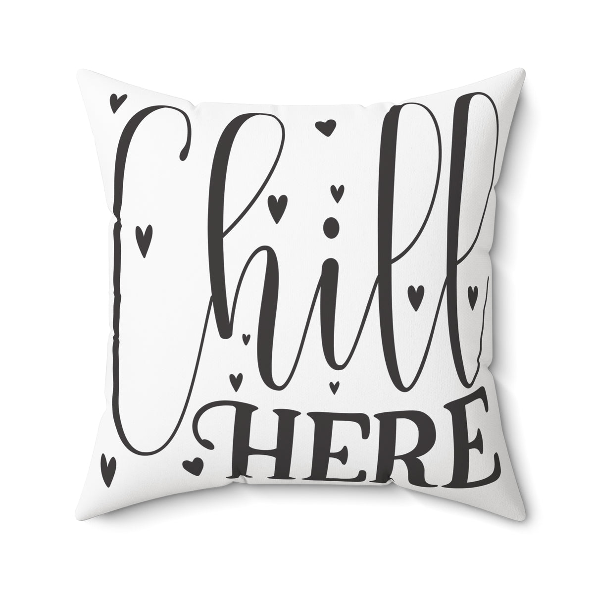 Chill Here pillow | Script typography, black hearts, decorative throw pillow