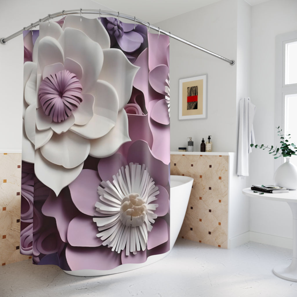 3D Paper Flowers Shower Curtain | Pink White Floral Bathroom Decor