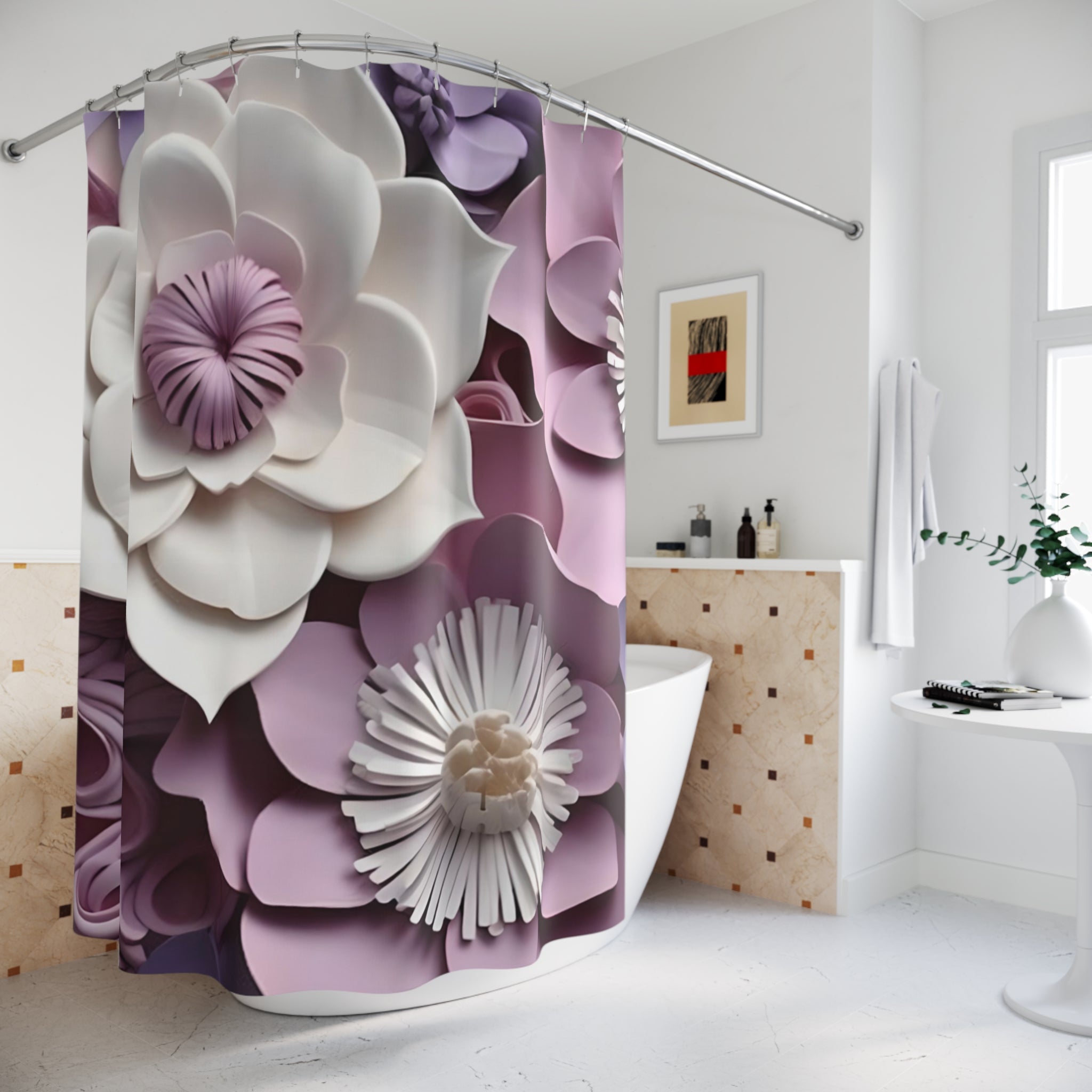 3D Paper Flowers Shower Curtain | Pink White Floral Bathroom Decor