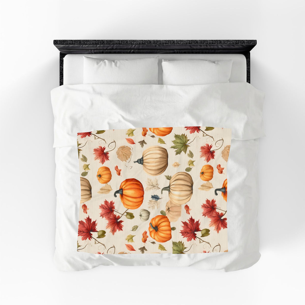 Autumn Pumpkins and Maple Leaves Velveteen Plush Blanket | Fall Harvest Throw