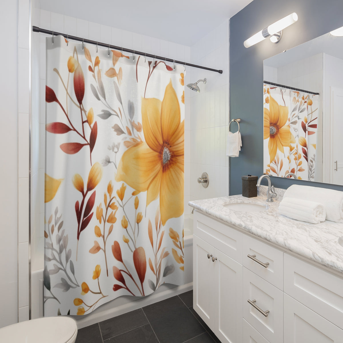 Autumn Wildflower Shower Curtain | Mustard Orange Floral Bathroom
