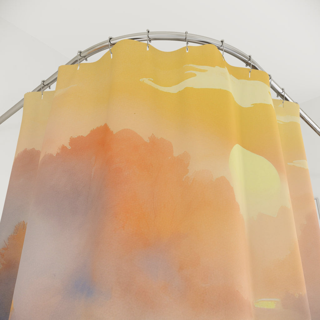 Sunrise Marsh Landscape Shower Curtain | Soft Orange Watercolor Scene