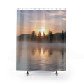 Misty Sunrise Lake Shower Curtain | Mountain Trees Reflection