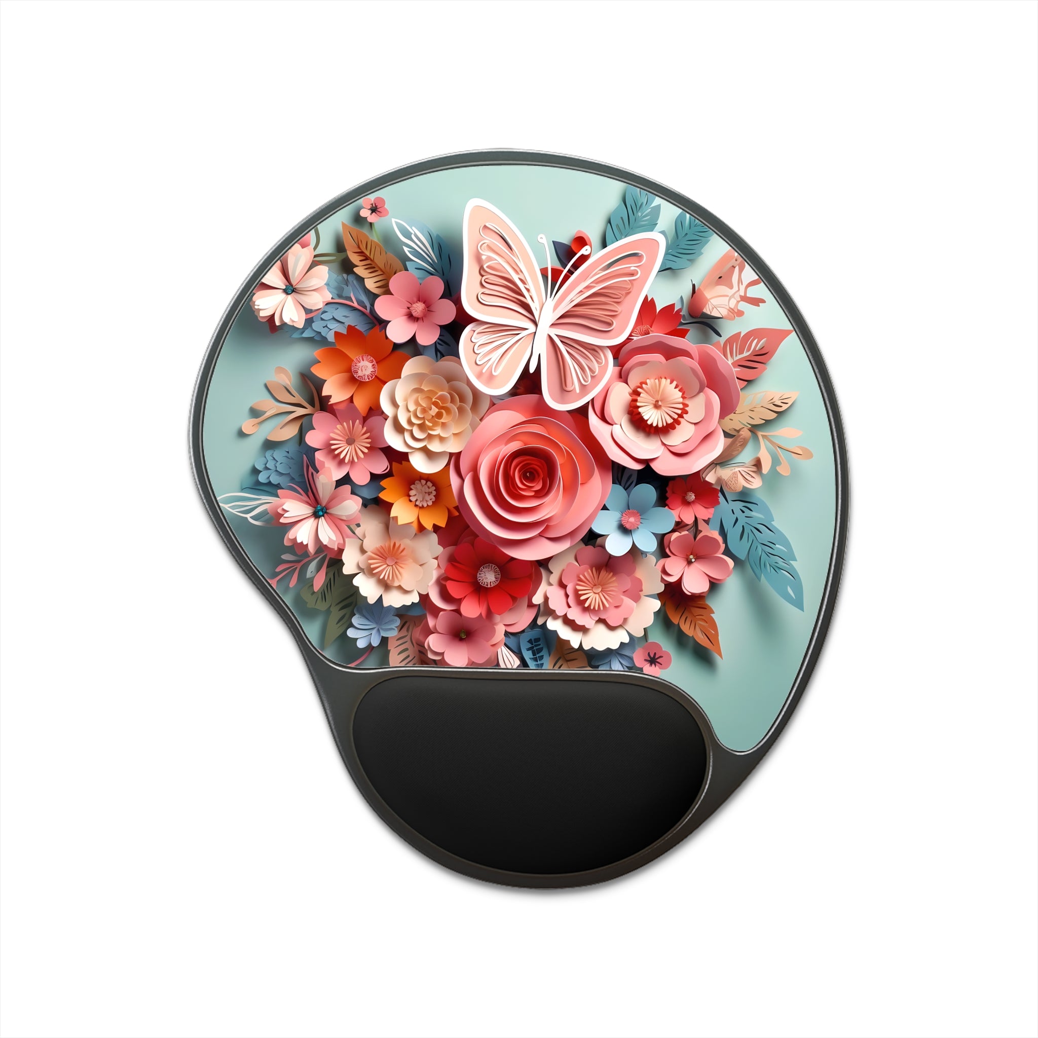Pink Floral Bouquet Butterfly Mouse Pad with Wrist Rest | Floral Computer Accessory
