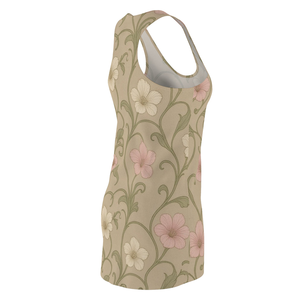 Vintage Floral Vine Racerback Dress | Beige Pink Flower Pattern